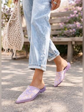 Free People Becky Daisy Embroidered Mesh Mules in Stormy Lavender~Size 11~NWOB